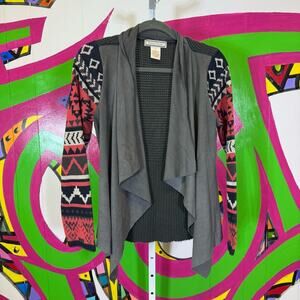 Flying Tomato, Gray and Red Geometric Cardigan Faux Suede. Size Medium.